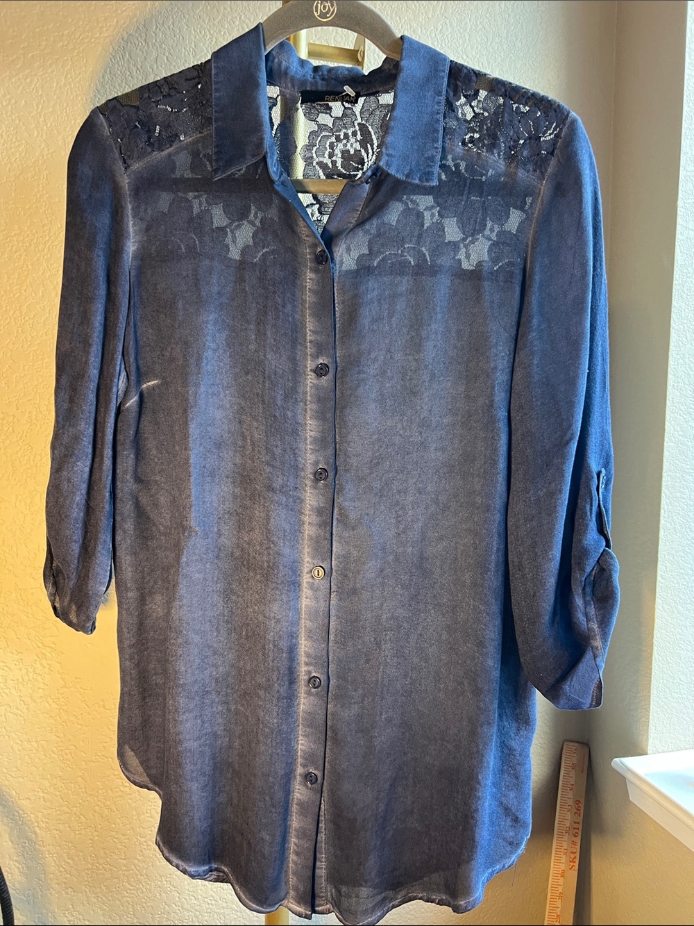 Navy Lace back Button-Down Blouse boxy oversized